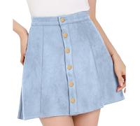 Allegra K Damen Faux Wildleder Knopf A-Linie Hohe Taille Halloween Ausgestellter Mini Kurzer Rock, Hell, blau, Mittel