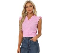 Allegra K Damen Flügelärmeln Rüschenhemd Bluse Kariert Gingham Pullover Rosa L