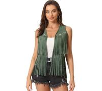 Allegra K Damen Fransen Weste Cowboy Vorne Offen Quasten Ärmellos Faux Wildleder Weste Armeegrün S