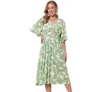 Allegra K Damen Geblümtes Midikleid Lässiges Sommerkleid mit Rüschen V-Ausschnitt A-Linie Strandkleid im Boho-Stil Grün XL