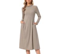 Allegra K Damen Geripptes Strick-Midikleid Rollkragen Lange Ärmel A-Linie Elegant Kleid Hellbraun L