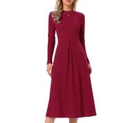 Allegra K Damen Geripptes Strickkleid Llässiges Langärm Kleid mit Rundhals Taschen A-Linien Schnitt Burgund L