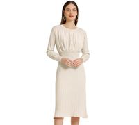 Allegra K Damen Geripptes Strickkleid Rundhalsausschnitt Plissee Laternenärmel Midi A-Linien-Kleid Beige M