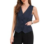 Allegra K Damen Gestreifte Blazer Nadelstreifen Weste V-Ausschnitt Ärmellos Button-Down Gefüttert Elegante Anzugweste mit Taschen Dunkelblau XL