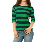 Allegra K Damen Gestreiftes Shirt U Boot Ausschnitt Halbarm Party Ferien Streifen Top Bluse Dunkelgrün XL