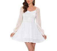 Allegra K Damen Glitzer Metallic Kleid Transparentes Langärm Club Party Minikleid mit Herz Ausschnitt Silber M