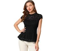 Allegra K Damen Häkelbluse mit Schößchen, Blumenmuster, gehäkelt, Stehkragen, Flügelärmel, Spitzenbluse, Schwarz, X-Groß