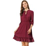 Allegra K Damen Herbst Hochzeit Gäste Kleider Rüschensaum 3/4 Ärmel A-Linie gesmoktes kurzes Chiffonkleid, Burgunder, Groß