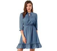 Allegra K Damen Herbst Hochzeit Gastkleider Rüschen Saum 3/4 Ärmel A-Linie Gesmokt Kurz Chiffon Kleid, blau; grau, Mittel