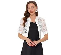 Allegra K Damen Hochzeit Boleros Kurzarm Spitze Bolero Satin Panel Offen Front Crop Cardigan Shrug Weiß S