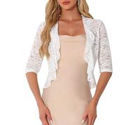 Allegra K Damen Hochzeit Spitze Festlich Bolero für Abendkleid 3/4-Ärmel Rüschen Eleganter Cardigan Weiß S