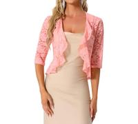 Allegra K Damen Hochzeit Spitze Festlich Bolero für Abendkleid 3/4-Ärmel Rüschen Eleganter Cardigan Rosa M