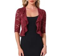 Allegra K Damen Hochzeit Spitze Festlich Bolero für Abendkleid 3/4-Ärmel Rüschen Eleganter Cardigan Burgund S