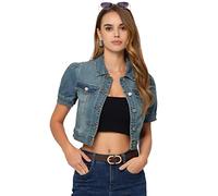Allegra K Damen Jeansjacke Kurz Gewaschene Puff Washed-Look Crop Denim Übergangsjacke Blau L