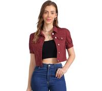 Allegra K Damen Jeansjacke Kurz Gewaschene Puff Washed-Look Crop Denim Übergangsjacke Burgund XL