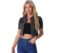 Allegra K Damen Jeansjacke Kurz Gewaschene Puff Washed-Look Crop Denim Übergangsjacke Dunkelgrau L