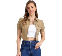 Allegra K Damen Jeansjacke Kurz Gewaschene Puff Washed-Look Crop Denim Übergangsjacke Khaki M