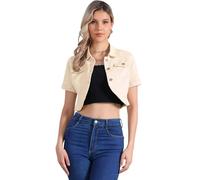 Allegra K Damen Jeansjacke Kurzarm Leichte Übergangsjacke Revers Bauchfreie Denim Jacke Aprikose S