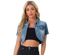 Allegra K Damen Jeansjacke Kurzarm Leichte Übergangsjacke Revers Bauchfreie Denim Jacke Denim Blue XS