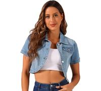 Allegra K Damen Jeansjacke Kurzarm Leichte Übergangsjacke Revers Bauchfreie Denim Jacke Hellblau XS