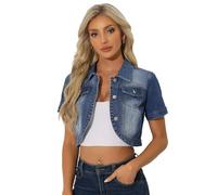 Allegra K Damen Jeansjacke Kurzarm Leichte Übergangsjacke Revers Bauchfreie Denim Jacke Mittelblau L
