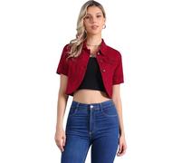 Allegra K Damen Jeansjacke Kurzarm Leichte Übergangsjacke Revers Bauchfreie Denim Jacke Rot S