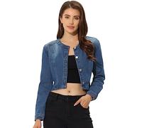 Allegra K Damen Jeansjacke Kurze Bolero Kragenlos Eleganter Knopfleiste Crop Denim Jacken Blau XL