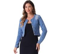 Allegra K Damen Jeansjacke Kurze Bolero Kragenlos Eleganter Knopfleiste Crop Denim Jacken Hell Blau S