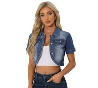 Allegra K Damen Jeansjacke Leichte Übergangsjacke Revers Kurzarm Bauchfreie Denim Jacke Mittelblau XS