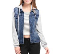 Allegra K Damen Jeansjacke mit Kapuze Langarm Button Panel Hoodie Denim Jacke Dunkelblau XL
