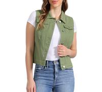 Allegra K Damen Jeansjacke mit Knöpfen, gewaschen, mit Brust-Pattentaschen, Bean Green, M
