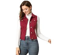 Allegra K Damen Jeansjacke mit Knöpfen, gewaschen, mit Brust-Pattentaschen, Burgunder, M