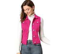 Allegra K Damen Jeansjacke mit Knöpfen, gewaschen, mit Brust-Pattentaschen, Fuchsia, XS