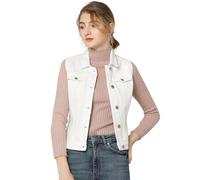 Allegra K Damen Jeansjacke mit Knöpfen, gewaschen, mit Brust-Pattentaschen, Weiss/opulenter Garten, XS