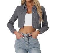 Allegra K Damen Jeansjacken 2026 Frühling Lässige Knopfleiste Langarm Verkürzte Jeansjacke, GRAU, L