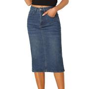 Allegra K Damen Jeansrock Knielang Lang Bleistiftrock Lässiger Dehnbare Midi Denim Röcke mit Hoher Taille Rock Blau S