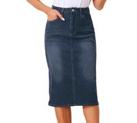 Allegra K Damen Jeansrock Knielang Lang Bleistiftrock Lässiger Dehnbare Midi Denim Röcke mit Hoher Taille Rock Schwarz Blau L