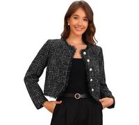 Allegra K Damen Karierte Tweedjacke Rundhals Kurze Knopfleiste Elegante Arbeitsjacke Schwarz L