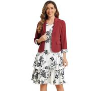 Allegra K Damen-Kleider-Set, 2-teilig, Chiffon, V-Ausschnitt, Blumendruck, Kontrast-Panel, Arbeitsjacke, Kleider, Dunkelrot, Weiß, X-Groß