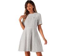 Allegra K Damen Kurzärm Kariertes Tweed-Kleid mit Reißverschluss Lässige Minikleider Aprikose L