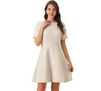 Allegra K Damen Kurzärm Kariertes Tweed-Kleid mit Reißverschluss Lässige Minikleider Gelb M