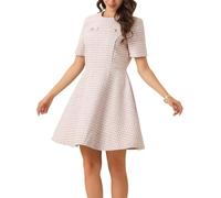 Allegra K Damen Kurzärm Kariertes Tweed-Kleid mit Reißverschluss Lässige Minikleider Rosa L