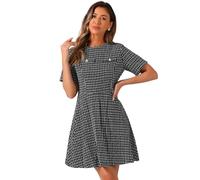 Allegra K Damen Kurzärm Kariertes Tweed-Kleid mit Reißverschluss Lässige Minikleider Schwarz weiß L
