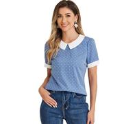 Allegra K Damen Kurzarm Bubikragen Punkte Oberteil Vintage Polka Dots Elegant Top Bluse Staubiges Blau S