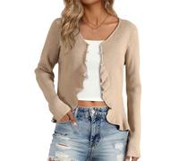 Allegra K Damen Langarm Bolero Dehnbar Rüschen V-Ausschnitt Pullover Strickjacke mit Knopfleiste Khaki M