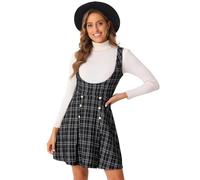 Allegra K Damen Latzkleid Kariertes Tweedkleid mit Knopfdekor U-Ausschnitt Kleider Schwarz S