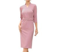 Allegra K Damen Midi-Etuikleid Elegantes Formelles 3/4-Ärmeln V-Ausschnitt Arbeits Business Etuikleid mit Gürtel Rosa XL