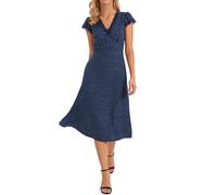 Allegra K Damen Midikleid Sommer A-Linie Gepunktetes Kurze Ärmel V-Ausschnitt Spitzenbesatz Lässiges Business Elegant Kleid Navy Blau XS