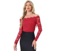 Allegra K Damen Off Shoulder Spitzenbluse Langarm Schulterfrei Oberteil Blumen Transparent Carmenbluse Elegant Top Trachtenbluse Rot XS