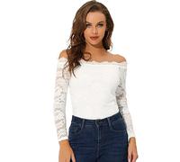 Allegra K Damen Off Shoulder Spitzenbluse Langarm Schulterfrei Oberteil Blumen Transparent Carmenbluse Elegant Top Trachtenbluse Weiß XS